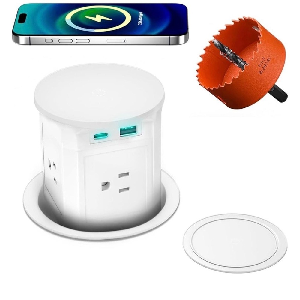 20A‎ 125V Pop Up Desk Countertop Outlet 15W Wireless Charger USB Ports White